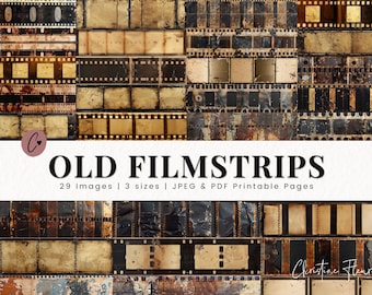 Vintage Old Filmstrip Paper, 58 Grungy Printable Film Strips in Black and White, Junk Journal Printable Sheets, Digital Scrapbooking