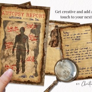 May include: A vintage-style printable autopsy report with a silhouette of a person with red markings indicating bullet holes and other injuries. The report is titled "Autopsy Report" and includes the case number "NYPD250826" and the name "John Dee".