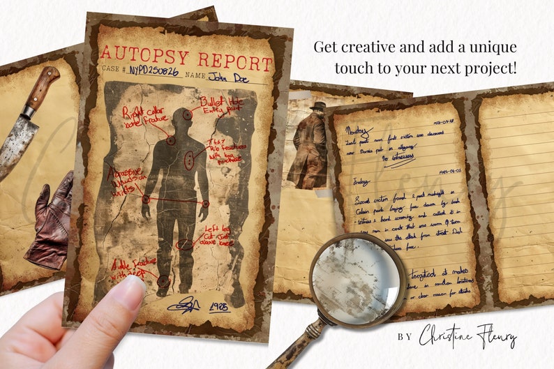 May include: A vintage-style printable autopsy report with a silhouette of a person with red markings indicating bullet holes and other injuries. The report is titled "Autopsy Report" and includes the case number "NYPD250826" and the name "John Dee".