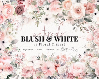 Watercolor Blush and White Floral Clipart, Watercolor Flower Clipart, Watercolor PNG, PNG Instant Download for Commercial Use