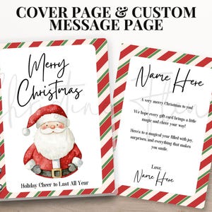 May include: A Christmas-themed notebook with a red and green striped border. The cover features a watercolor Santa Claus and the words "Merry Christmas." The inside page has a message and space for a name.