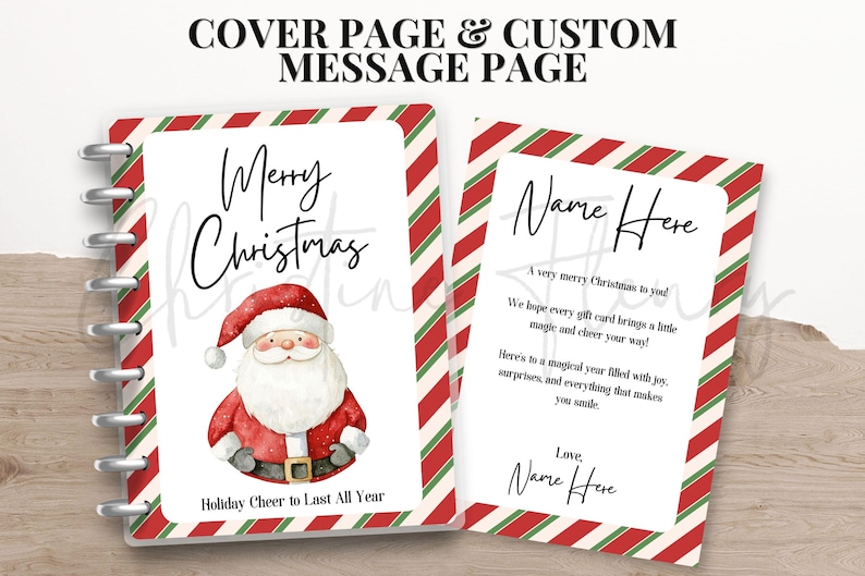 May include: A Christmas-themed notebook with a red and green striped border. The cover features a watercolor Santa Claus and the words "Merry Christmas." The inside page has a message and space for a name.