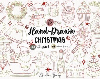 May include: Hand-drawn Christmas clipart in red and green. The image features various holiday elements, including a snowman, Santa Claus, gifts, a Christmas tree, and a gingerbread man. Text reads "Hand-Drawn Christmas Clipart".