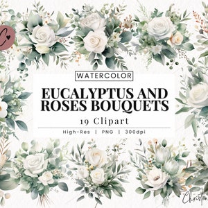 Buquês de eucalipto e rosas brancas em aquarela, clipart de casamento em aquarela, Weddingcore PNG, PNG download instantâneo para uso comercial