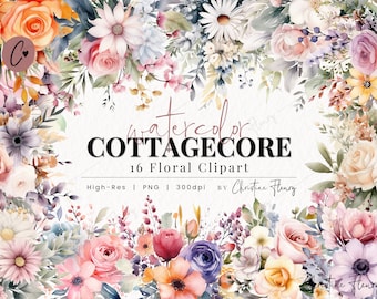 Watercolor Cottagecore Floral Clipart, Watercolor Flower Clipart, Watercolor PNG, PNG Instant Download for Commercial Use