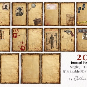May include: Twenty printable journal pages with a vintage crime theme. Each page features a different graphic element, such as a bloody handprint, a magnifying glass, a gun, or handcuffs. The pages are designed to look like old, worn paper with brown edges and a textured surface.