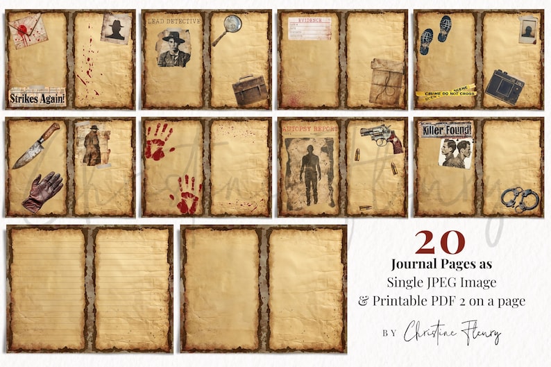 May include: Twenty printable journal pages with a vintage crime theme. Each page features a different graphic element, such as a bloody handprint, a magnifying glass, a gun, or handcuffs. The pages are designed to look like old, worn paper with brown edges and a textured surface.