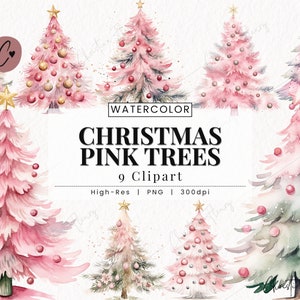 Aquarelle rose des cliparts de sapin de Noël, des cliparts aquarelle de Noël, Noël mignon PNG, PNG téléchargement immédiat pour un usage commercial