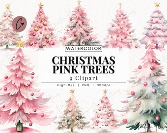 Watercolor Pink Christmas Tree Clipart, Watercolor Christmas Clipart, Cute Christmas PNG, PNG Instant Download for Commercial Use