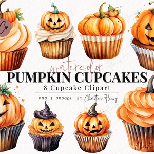 Clipart de cupcake de calabaza de acuarela, clipart de Halloween de acuarela, PNG de Halloween, PNG descarga instantánea para uso comercial