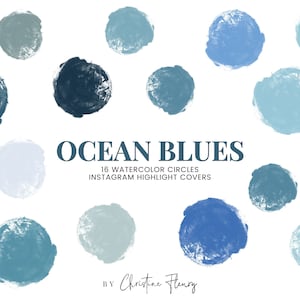 Ocean Blues Watercolor Instagram Story highlight icons, pastel soft ocean blue tones color watercolor circles