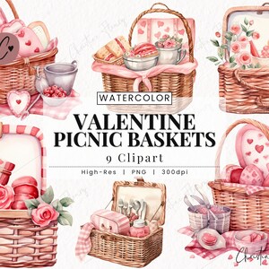 Aquarell Valentine Picknickkörbe Clipart, Romantischer Valentinstag PNG, Valentinstag PNG, Liebe PNG Sofortiger Download für kommerzielle Nutzung