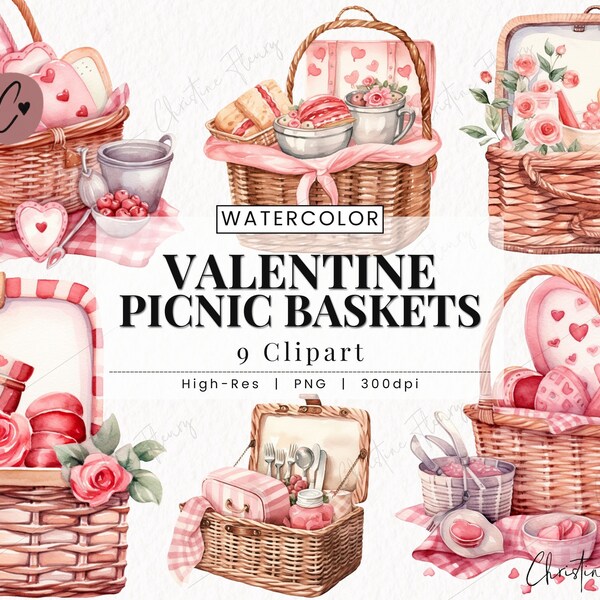 Watercolor Valentine Picnic Baskets Clipart, Romantic Valentine's Day PNG, Valentine PNG, Love PNG Instant Download for Commercial Use