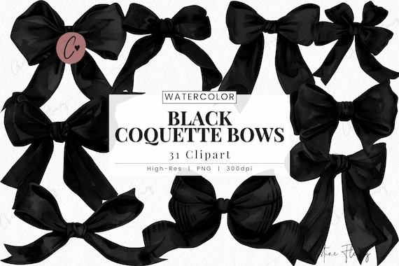 Watercolor Black Coquette Bows Clipart, Coquette Clipart, Gothic PNG, Cute Bow PNG Instant Download for Commercial Use
