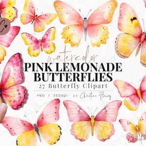 Aquarell Pink Lemonade Schmetterlinge Clipart, Aquarell Schmetterling Clipart, Aquarell PNG, PNG Sofort-Download für kommerzielle Nutzung