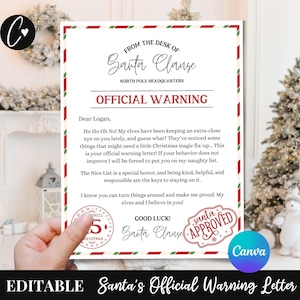 Modelo de carta de advertência editável do Papai Noel, modelo Canva para impressão Aviso oficial do North Pole Mail, carta personalizada de mau comportamento