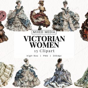 Imágenes prediseñadas de mujer victoriana, imágenes prediseñadas vintage, diario basura victoriano PNG, descarga instantánea PNG de la era victoriana con cortes delicados para uso comercial