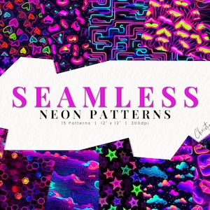 Seamless Neon Digital Paper, Neon Patterns, Printable Techno Paper, Sublimation background for Commercial Use