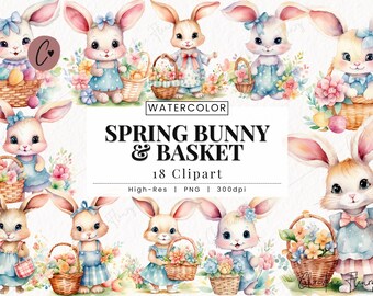 Spring Bunnies & Baskets Clipart, Easter Bunny PNG, Easter Eggs PNG, Spring PNG Instant Download for Commercial Use