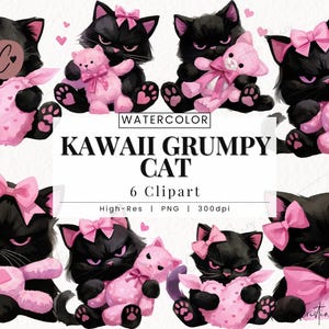 Könnte beinhalten: Sechs Aquarell-Illustrationen von schwarzen Katzen mit rosa Schleifen und rosa Teddybären. Die Katzen haben grantige Gesichtsausdrücke und halten die Teddybären fest. Der Text "Kawaii Grumpy Cat" ist in rosa Schrift geschrieben.