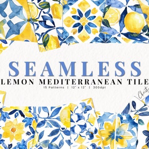 Piastrella mediterranea al limone senza soluzione di continuità, Clipart al limone ad acquerello, modelli di stampa Santorini, PNG al limone stampabile, Clipart per matrimonio estivo