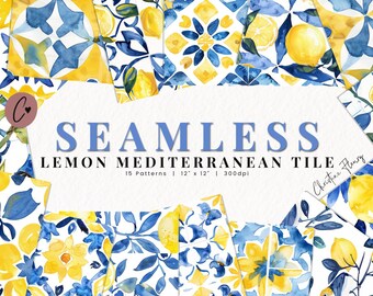 Seamless Lemon Mediterranean Tile, Watercolor Lemon Clipart, Santorini Print Patterns, Printable Lemon PNG, Summer Wedding Clipart