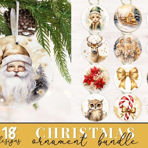 Paquete de sublimación de adornos navideños redondos dorados, sublimación de adornos de acuarela, PNG de sublimación navideña, diseño de sublimación