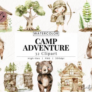Clipart de aventura de acampamento em aquarela, PNG de acampamento, Clipart de floresta, Escoteiras, Escoteiros, PNG Download instantâneo para uso comercial