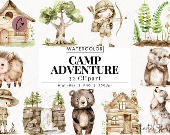 Watercolor Camp Adventure Clipart, Camping PNG, Woodland Clipart, Girl Scouts Boy Scouts PNG Instant Download for Commercial Use