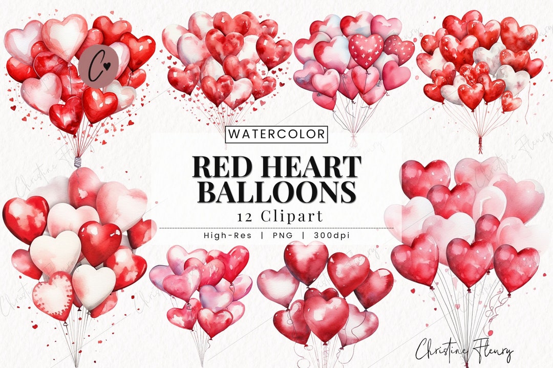 Watercolor Red Heart Balloons Clipart, Watercolor Valentine Clipart ...