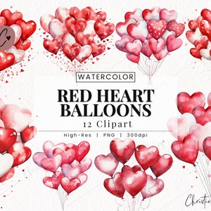 Aquarell rotes Herz Ballons Clipart, Aquarell Valentinstag PNG, PNG Sofort-Download für kommerzielle Nutzung