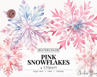 Watercolor Pink Snowflakes Clipart, Watercolor Christmas Clipart, Cute Christmas PNG, PNG Instant Download for Commercial Use