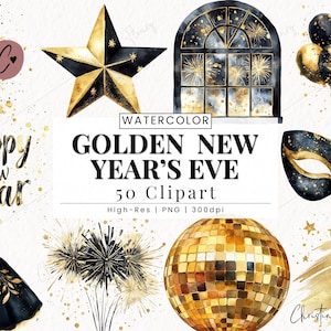 Golden New Years Eve Clipart, Ano Novo PNG, Aquarela Ano Novo Clipart, Sublimação Ano Novo, Feliz Ano Novo PNG Download instantâneo