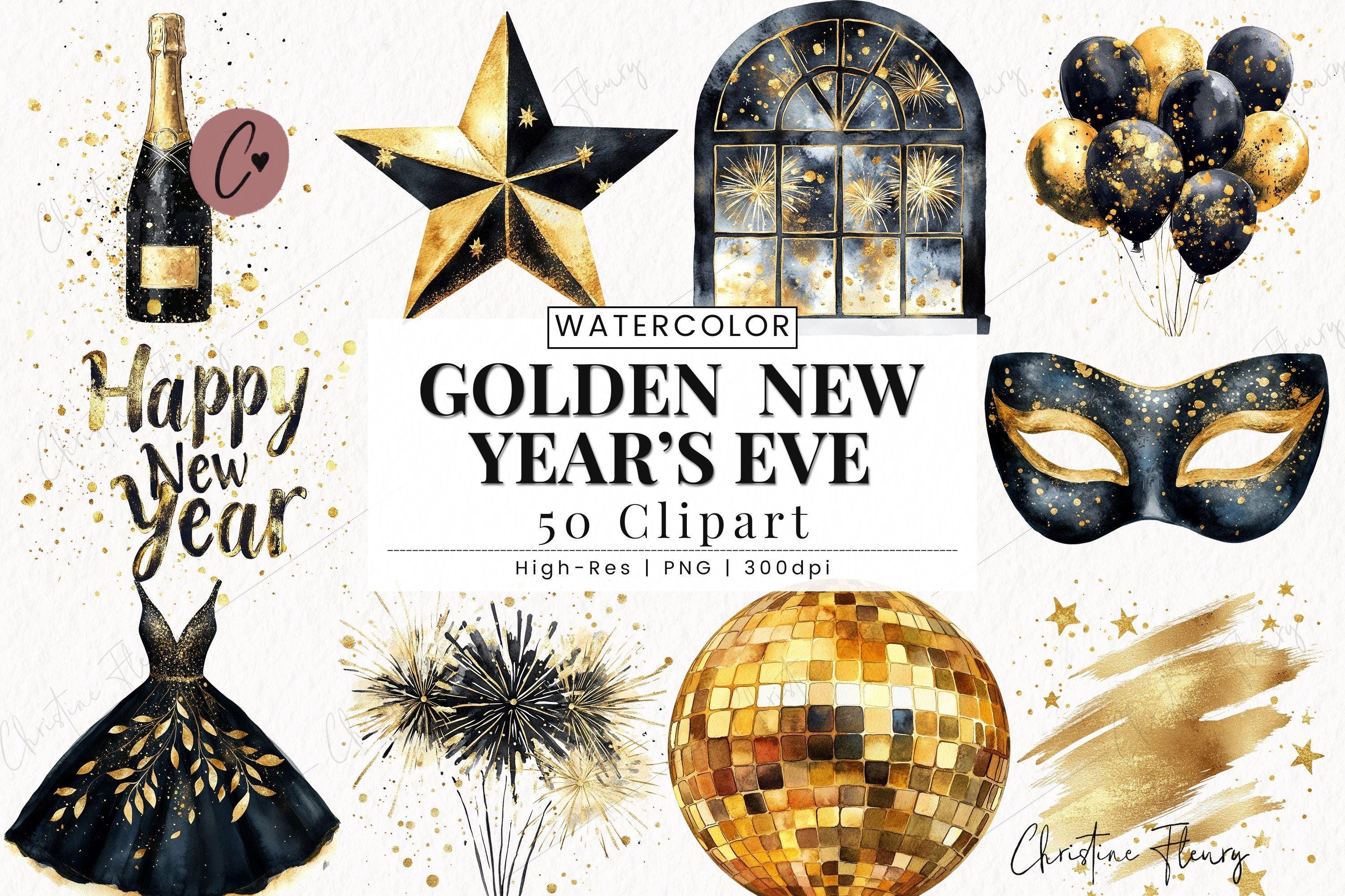 Golden New Years Eve Clipart, New Years PNG, Watercolor New Years Clipart, New Years Sublimation, Happy New Year PNG Instant Download