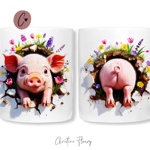 May include: White ceramic mug featuring a whimsical design of a pig emerging from a hole surrounded by colorful flowers. One side shows the pig's face, the other its rear. The mug has a curved handle and a glossy finish.