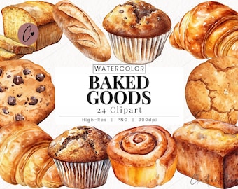 Clipart de produtos assados em aquarela, PNG de assados, Clipart de guloseimas em aquarela, PNG de padaria, PNG de culinária para download instantâneo para uso comercial