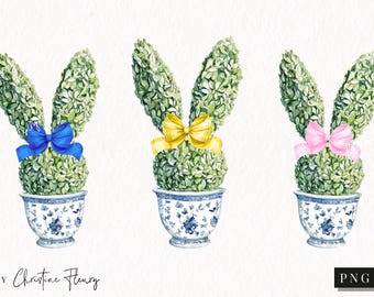 Watercolor Easter Topiary Bunny Clipart, Easter Clipart, Spring PNG, Grand Millennial Chinoiserie Instant Download for Commercial Use