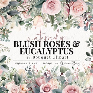 Watercolor Blush Rose & Eucalyptus Bouquet Clipart, Watercolor Wedding Clipart, Weddingcore PNG, PNG Instant Download for Commercial Use