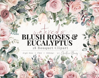 Watercolor Blush Rose & Eucalyptus Bouquet Clipart, Watercolor Wedding Clipart, Weddingcore PNG, PNG Instant Download for Commercial Use