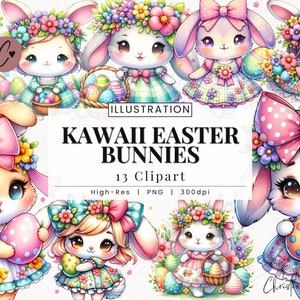 Clipart kawaii paashazen, Pasen PNG, schattig konijntje PNG, lentehaas PNG Instant Download voor commercieel gebruik