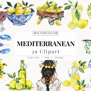 Watercolor Mediterranean Clipart, Lemon Clipart, Mediterranean PNG, Italy Amalfi Coast PNG Instant Download for Commercial Use