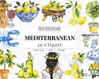 Akvarell Medelhavs Clipart, Citron Clipart, Medelhavs PNG, Italien Amalfikusten PNG Direkt Nedladdning för kommersiellt bruk