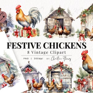 Vintage fête des poulets des cliparts, aquarelle ferme des cliparts, Noël vintage PNG, téléchargement immédiat PNG pour un usage commercial