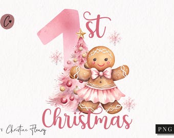 Pink 1st Christmas Gingerbread PNG, Pink Christmas PNG, Gingerbread Cookie Png, Christmas Sublimation Design, Baby First Christmas