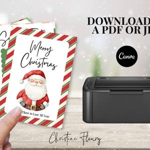 May include: Christmas cards with a Santa Claus illustration, featuring red and white striped borders. The cards have the text "Merry Christmas" and "Cheer to Last All Year". The image also includes the text "Download as a PDF or JPG".