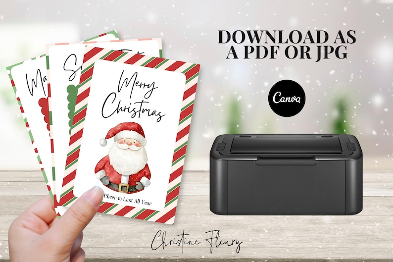 May include: Christmas cards with a Santa Claus illustration, featuring red and white striped borders. The cards have the text "Merry Christmas" and "Cheer to Last All Year". The image also includes the text "Download as a PDF or JPG".