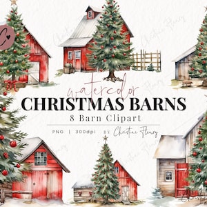 Watercolor Christmas Barn Clipart, Watercolor Farmhouse Clipart, Christmas PNG, PNG Instant Download for Commercial Use