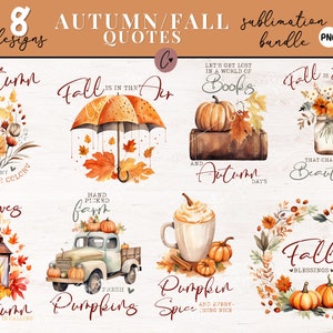 Paquete de sublimación PNG con cita de otoño, sublimación PNG de otoño, acuarela PNG, descarga digital de diseño de sublimación