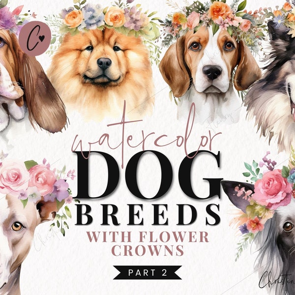 Watercolor Dog Breeds with Flower Crowns Part 2, Watercolor Clipart, Watercolor Dogs, PNG Instant Download for Commercial Use