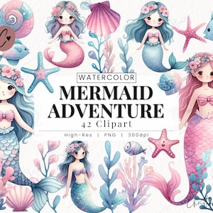 Watercolor Mermaid Adventure Clipart, Pastel Mermaid Clipart, Watercolor Mermaid PNG, Cute Ocean Nursery Instant Download for Commercial Use